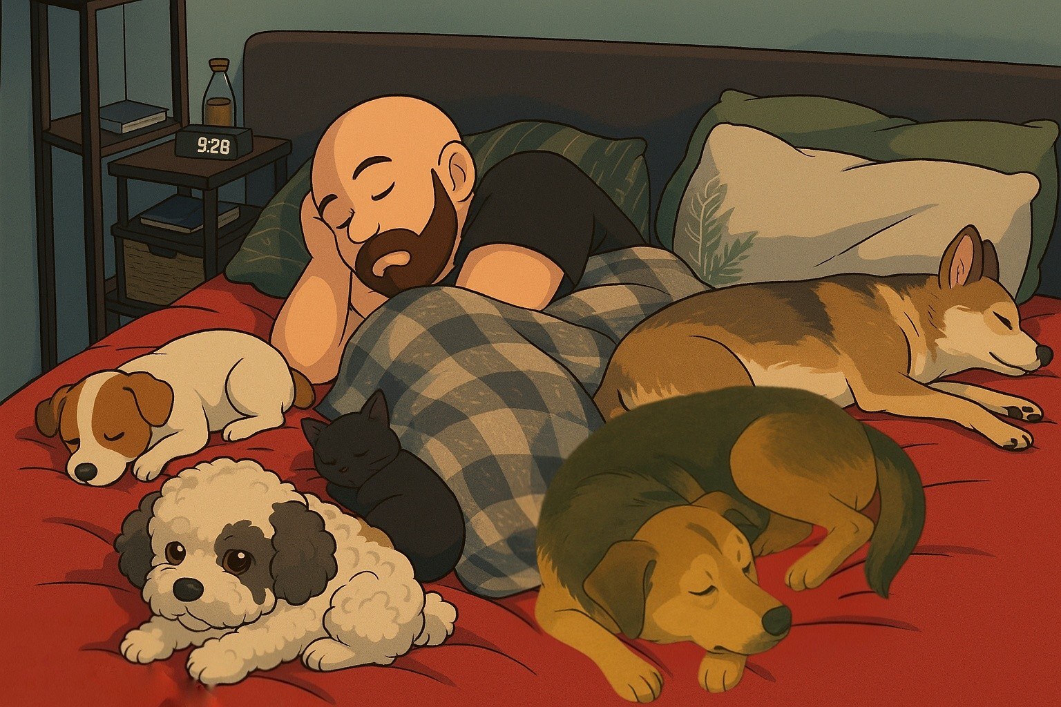 Cozy illustrated portrait of Brian resting with the family pets